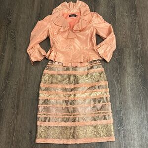 Ricki Freeman for Teri Jon vintage 2pc peach/tan Peplum Blouse & skirt 💯 silk